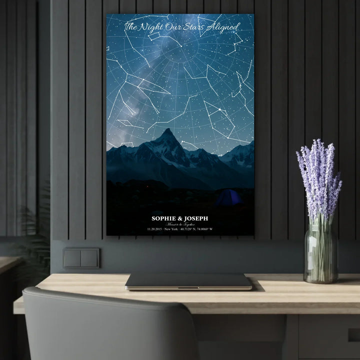 Personalized star map wall art with customizable background, title, names, date, location, and coordinates - 24x36 acrylic print french with cleat context-ARTFULANE