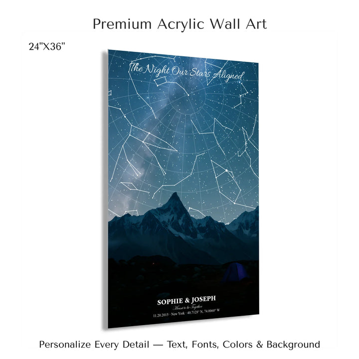 Personalized star map wall art with customizable background, title, names, date, location, and coordinates - 24x36 acrylic print with french cleat-ARTFULANE