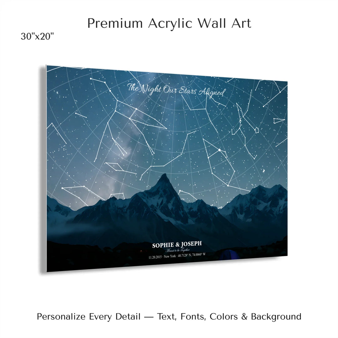 Personalized star map wall art with customizable background, title, names, date, location, and coordinates - 30x20 acrylic print with french cleat-ARTFULANE