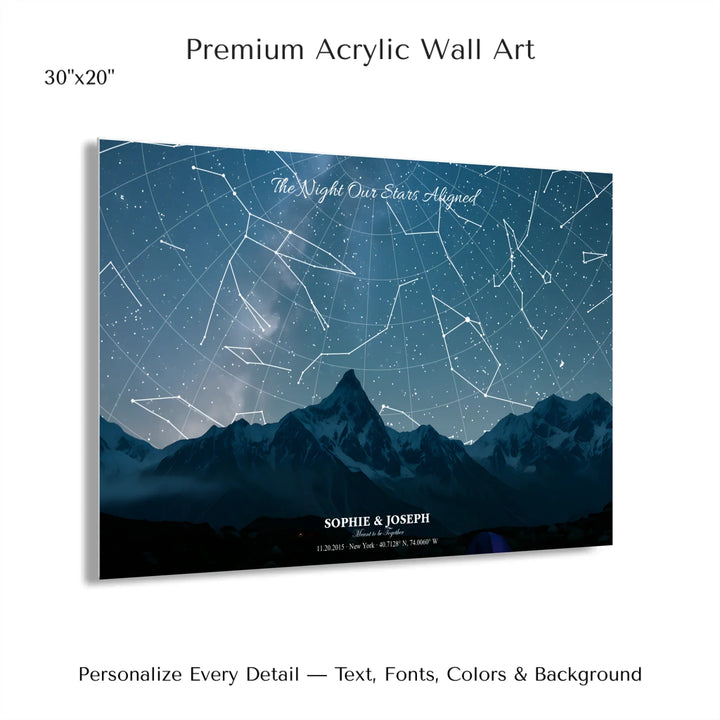 Personalized star map wall art with customizable background, title, names, date, location, and coordinates - 30x20 acrylic print with french cleat-ARTFULANE