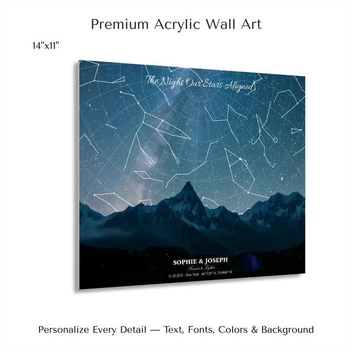 Personalized star map wall art with customizable background, title, names, date, location, and coordinates - 14x11 acrylic print with french cleat-ARTFULANE