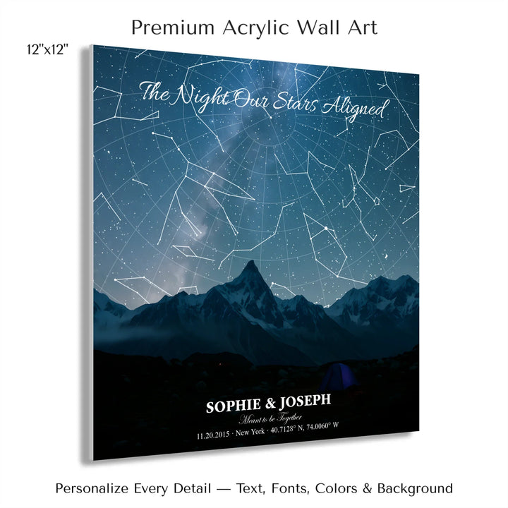 Personalized star map wall art with customizable background, title, names, date, location, and coordinates - 12x12 acrylic print with french cleat-ARTFULANE