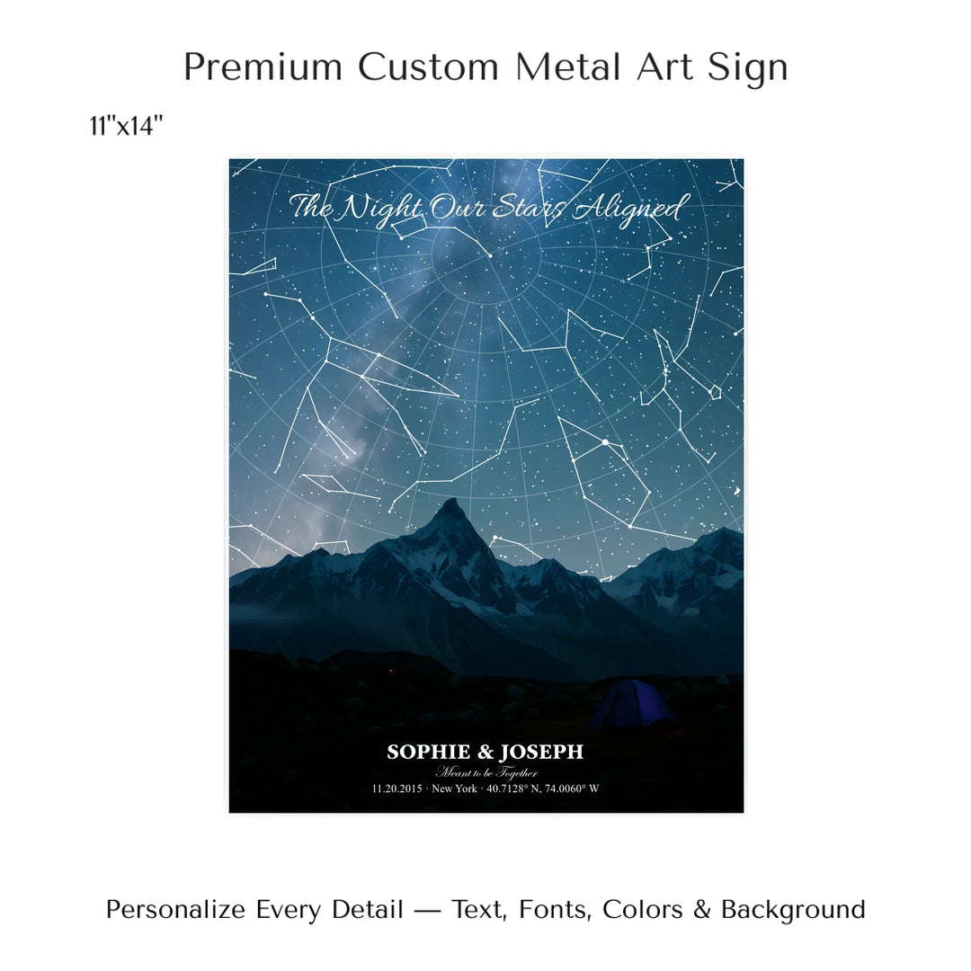 Personalized star map wall art with customizable background, title, names, date, location, and coordinates - 11x14 metal art sign-ARTFULANE
