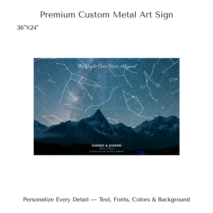 Personalized star map wall art with customizable background, title, names, date, location, and coordinates - 36x24 metal art sign-ARTFULANE
