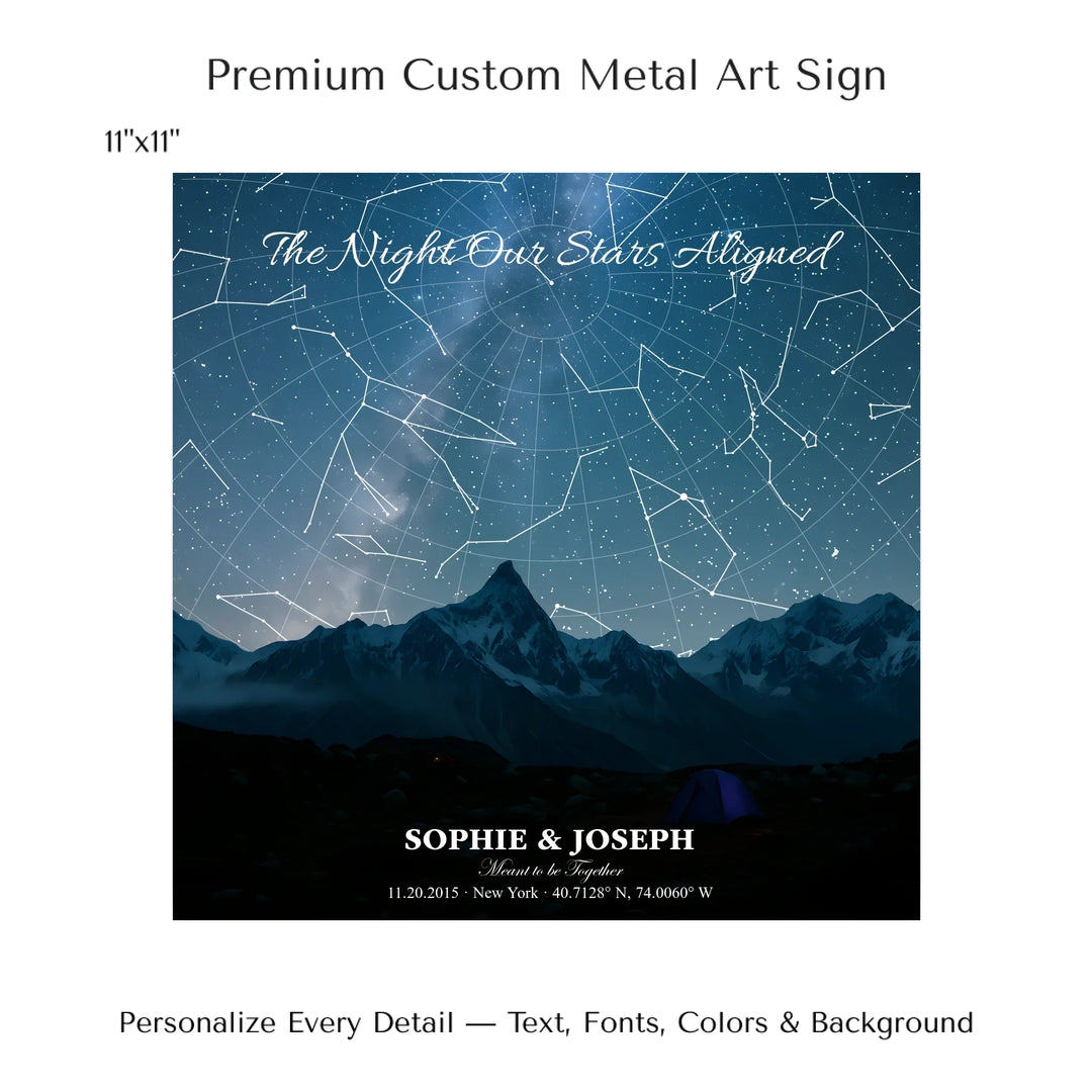 Personalized star map wall art with customizable background, title, names, date, location, and coordinates - 11x11 metal art sign-ARTFULANE