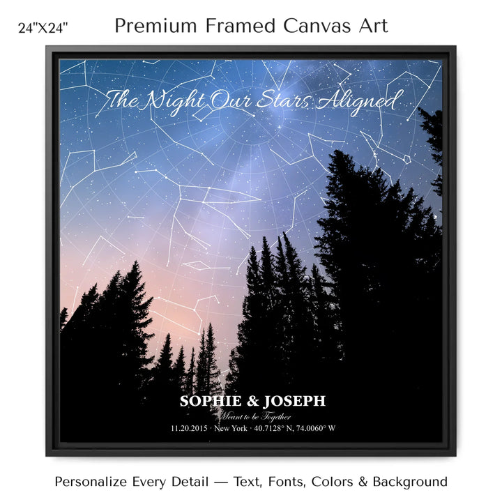 Personalized star map wall art with customizable background, title, names, date, location, and coordinates - 24x24 framed canvas-ARTFULANE