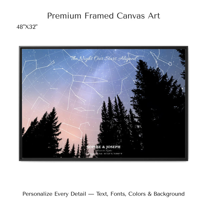 Personalized star map wall art with customizable background, title, names, date, location, and coordinates - 48x32 framed canvas-ARTFULANE