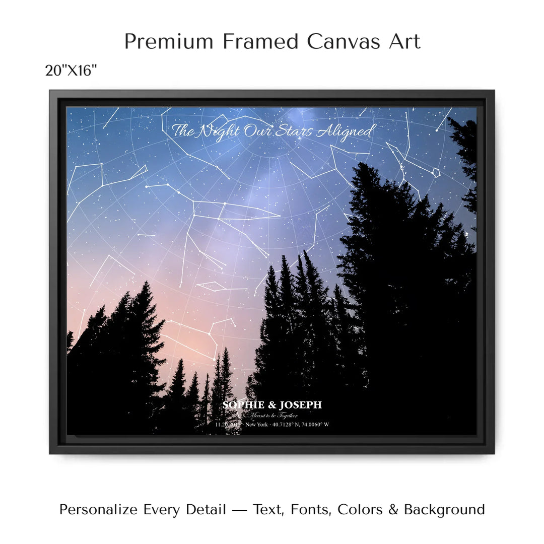 Personalized star map wall art with customizable background, title, names, date, location, and coordinates - 20x16 framed canvas-ARTFULANE