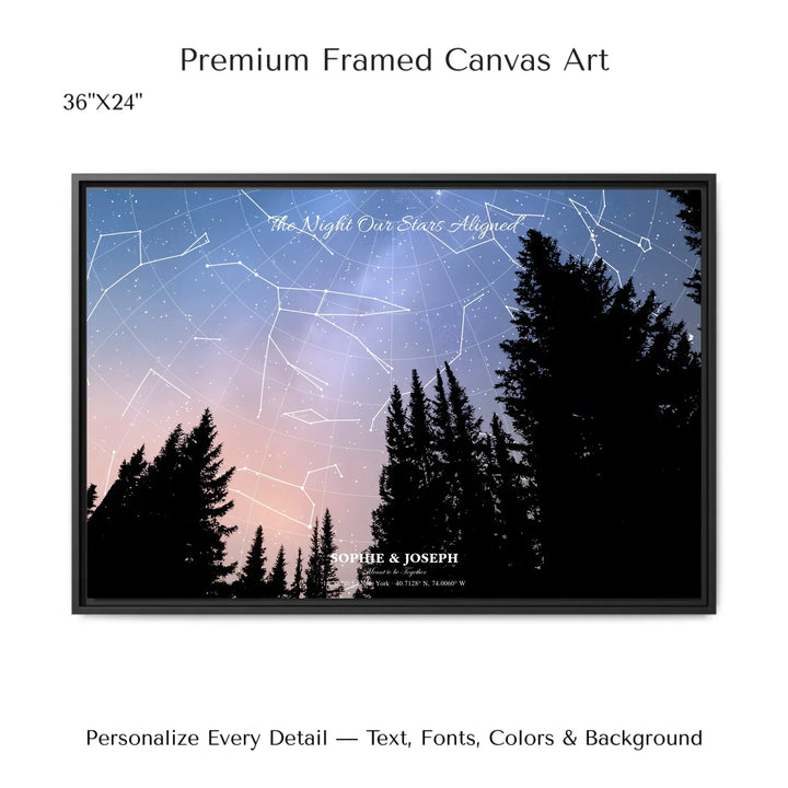 Personalized star map wall art with customizable background, title, names, date, location, and coordinates - 36x24 framed canvas-ARTFULANE