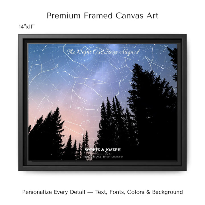 Personalized star map wall art with customizable background, title, names, date, location, and coordinates - 14x11 framed canvas-ARTFULANE