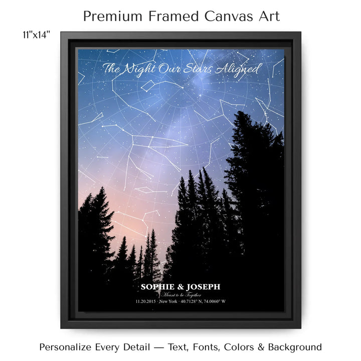 Personalized star map wall art with customizable background, title, names, date, location, and coordinates - 11x14 framed canvas-ARTFULANE