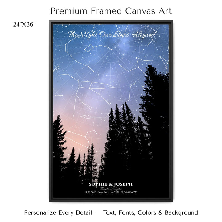 Personalized star map wall art with customizable background, title, names, date, location, and coordinates - 24x36 framed canvas-ARTFULANE
