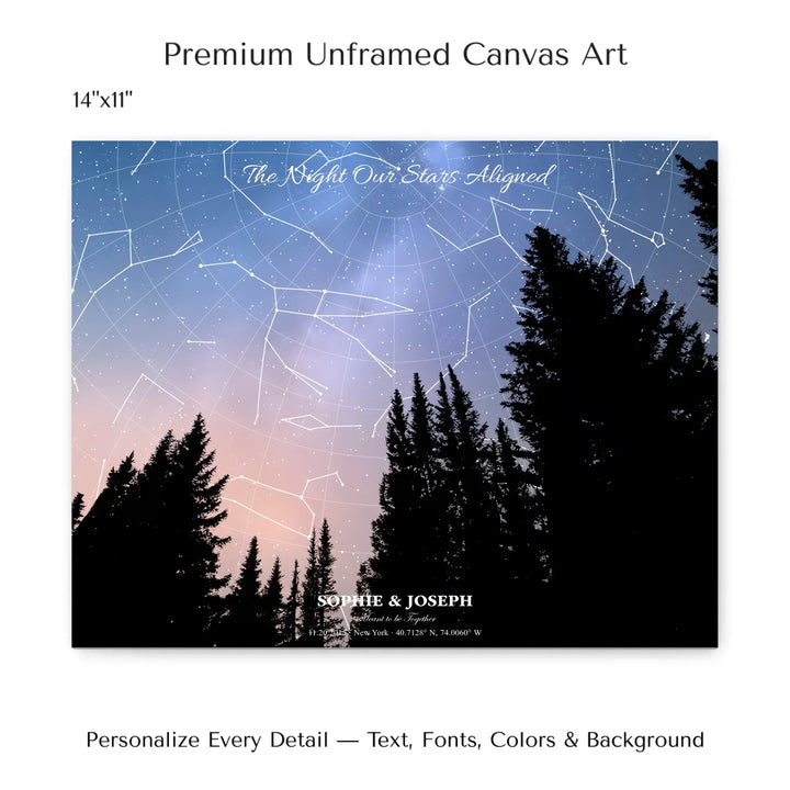 Personalized star map wall art with customizable background, title, names, date, location, and coordinates - 14x11 stretched canvas-ARTFULANE
