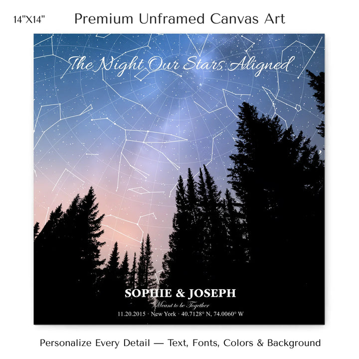 Personalized star map wall art with customizable background, title, names, date, location, and coordinates - 14x14 stretched canvas-ARTFULANE