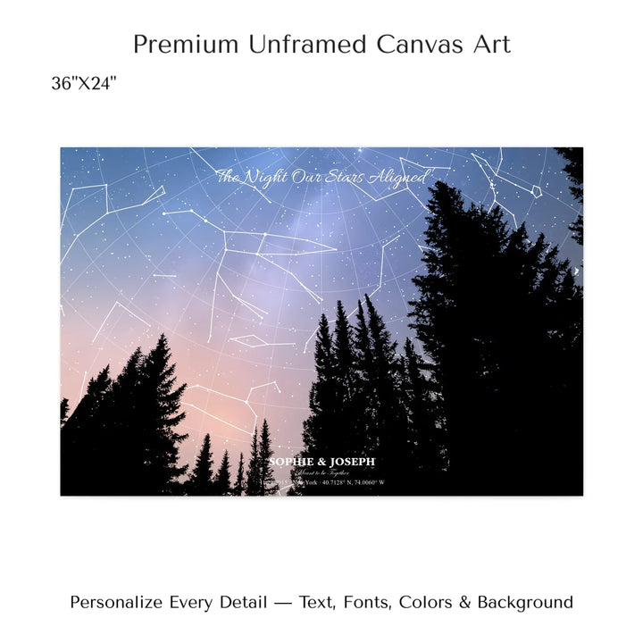 Personalized star map wall art with customizable background, title, names, date, location, and coordinates - 36x24 stretched canvas-ARTFULANE