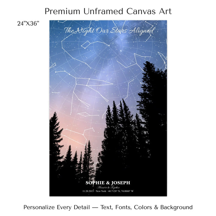 Personalized star map wall art with customizable background, title, names, date, location, and coordinates - 24x36 stretched canvas-ARTFULANE