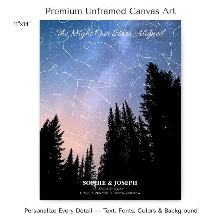 Personalized star map wall art with customizable background, title, names, date, location, and coordinates - 11x14 stretched canvas-ARTFULANE