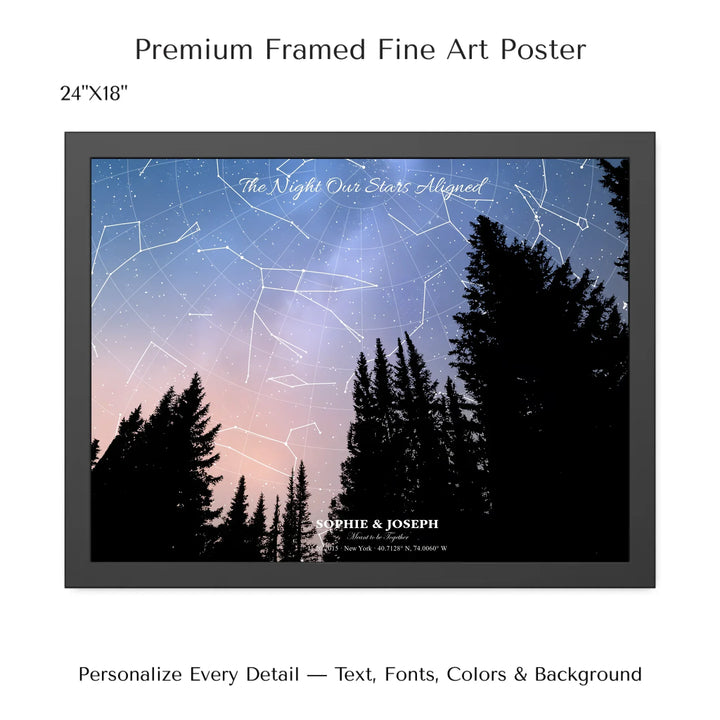 Personalized star map wall art with customizable background, title, names, date, location, and coordinates - 24x18 framed poster-ARTFULANE