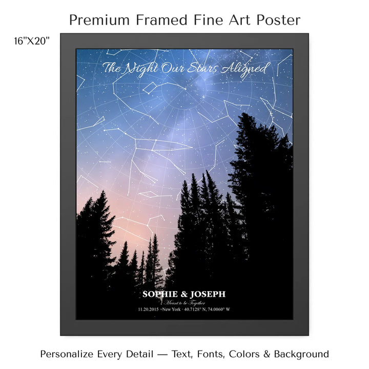 Personalized star map wall art with customizable background, title, names, date, location, and coordinates - 16x20 framed poster-ARTFULANE