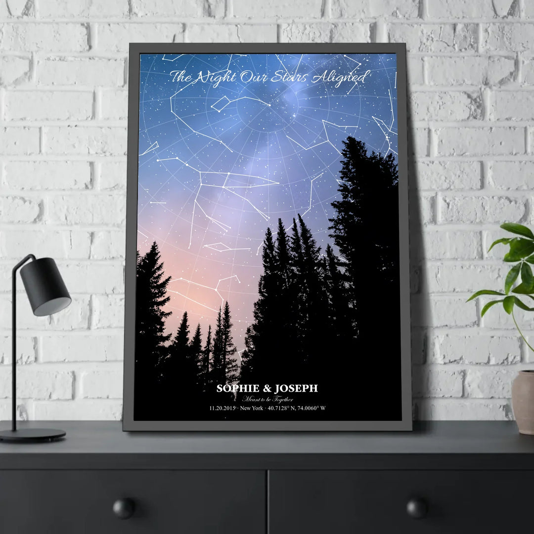 Personalized star map wall art with customizable background, title, names, date, location, and coordinates - 28x40 framed poster on table-ARTFULANE