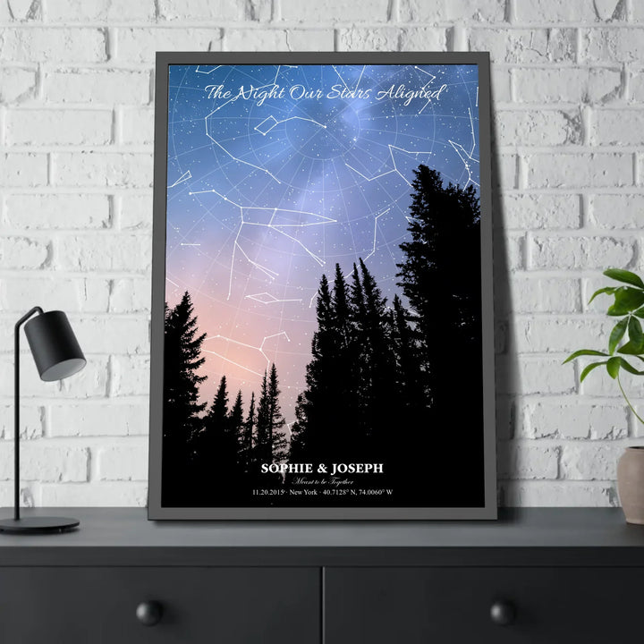 Personalized star map wall art with customizable background, title, names, date, location, and coordinates - 28x40 framed poster on table-ARTFULANE