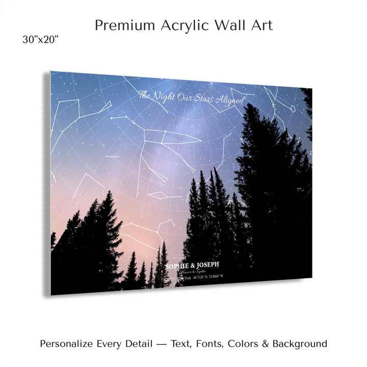 Personalized star map wall art with customizable background, title, names, date, location, and coordinates - 30x20 acrylic print with french cleat-ARTFULANE
