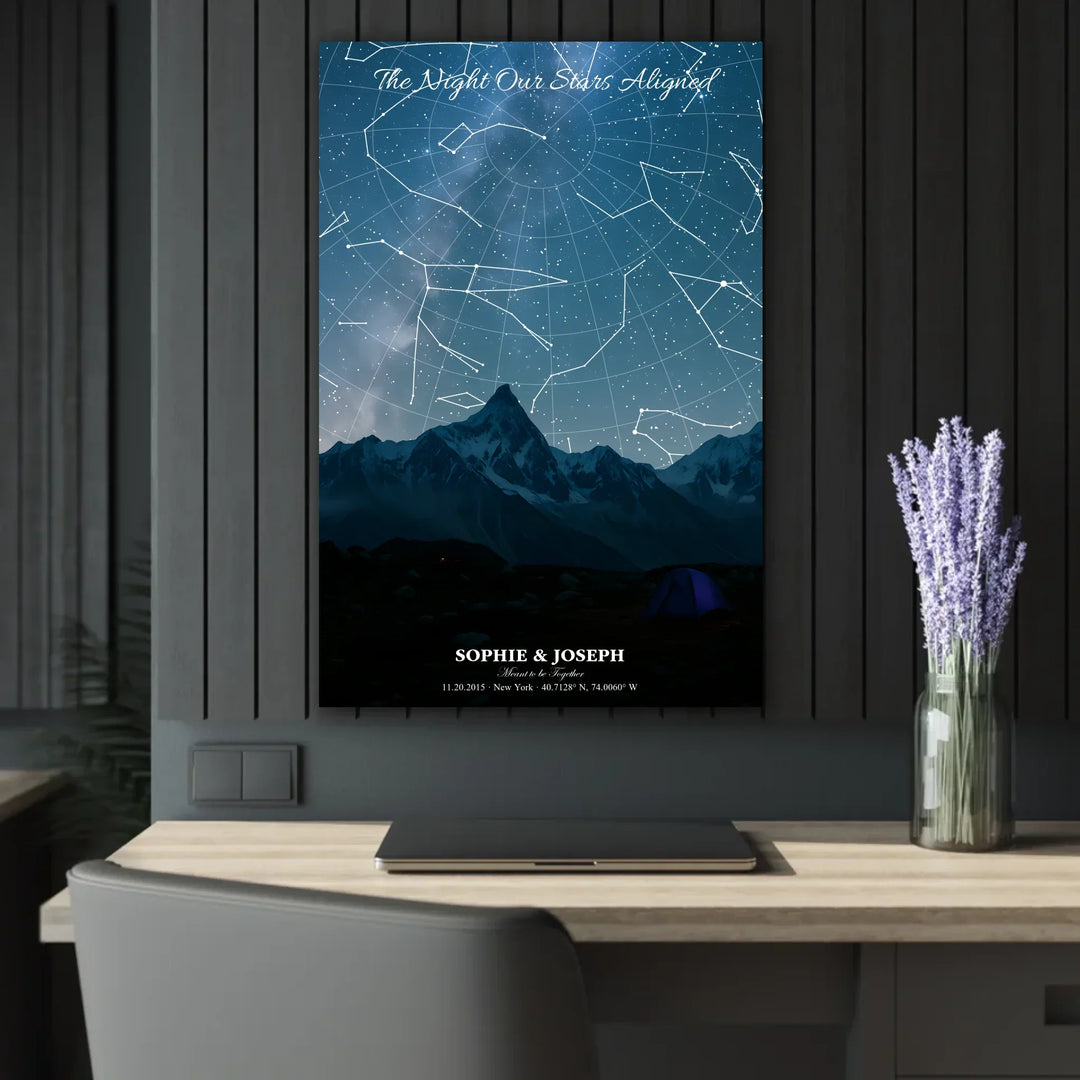 Personalized star map wall art with customizable background, title, names, date, location, and coordinates - 24x36 acrylic print french with cleat context-ARTFULANE