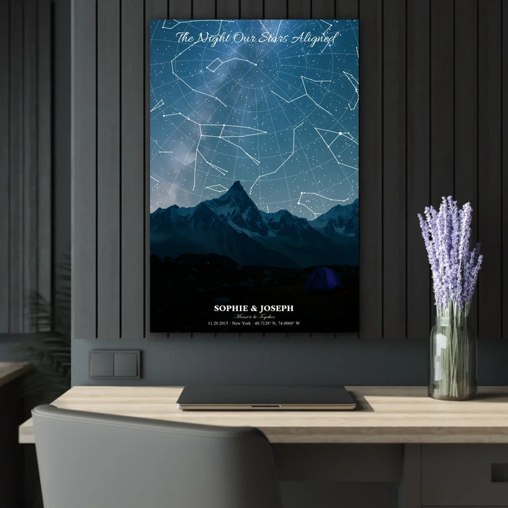 Personalized star map wall art with customizable background, title, names, date, location, and coordinates - 24x36 acrylic print french with cleat context-ARTFULANE
