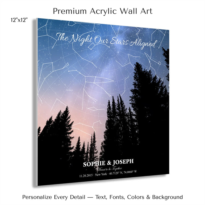 Personalized star map wall art with customizable background, title, names, date, location, and coordinates - 12x12 acrylic print with french cleat-ARTFULANE