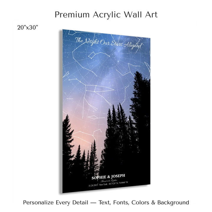 Personalized star map wall art with customizable background, title, names, date, location, and coordinates - 20x30 acrylic print with french cleat-ARTFULANE