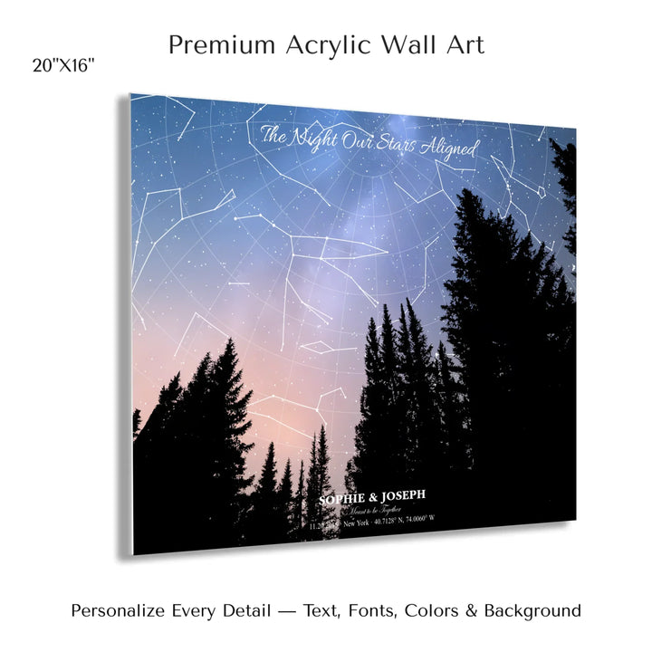 Personalized star map wall art with customizable background, title, names, date, location, and coordinates - 20x16 acrylic print with french cleat-ARTFULANE