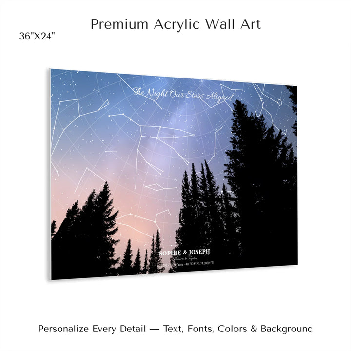 Personalized star map wall art with customizable background, title, names, date, location, and coordinates - 36x24 acrylic print with french cleat-ARTFULANE