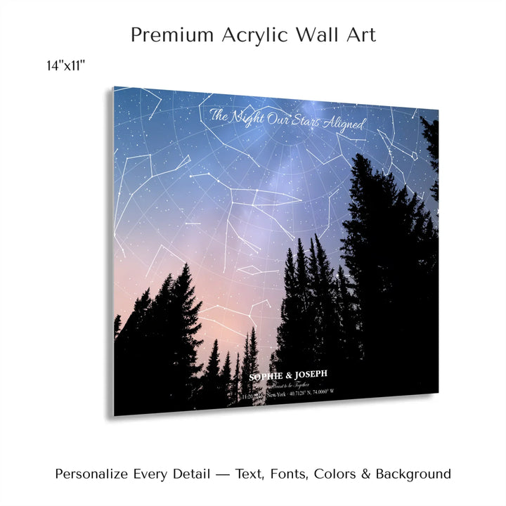 Personalized star map wall art with customizable background, title, names, date, location, and coordinates - 14x11 acrylic print with french cleat-ARTFULANE