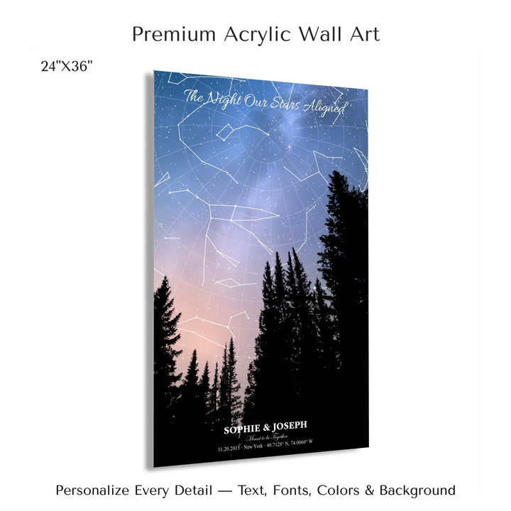 Personalized star map wall art with customizable background, title, names, date, location, and coordinates - 24x36 acrylic print with french cleat-ARTFULANE