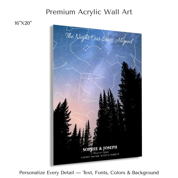 Personalized star map wall art with customizable background, title, names, date, location, and coordinates - 16x20 acrylic print with french cleat-ARTFULANE