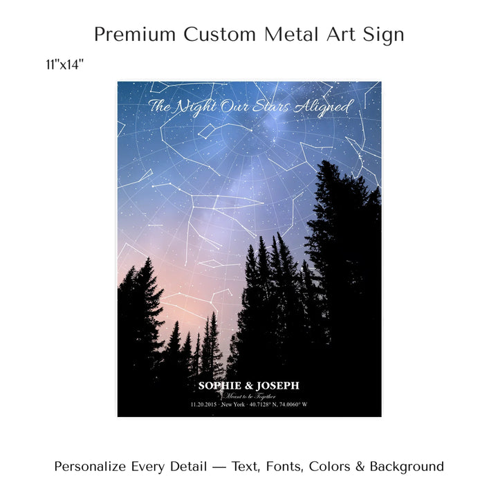 Personalized star map wall art with customizable background, title, names, date, location, and coordinates - 11x14 metal art sign-ARTFULANE