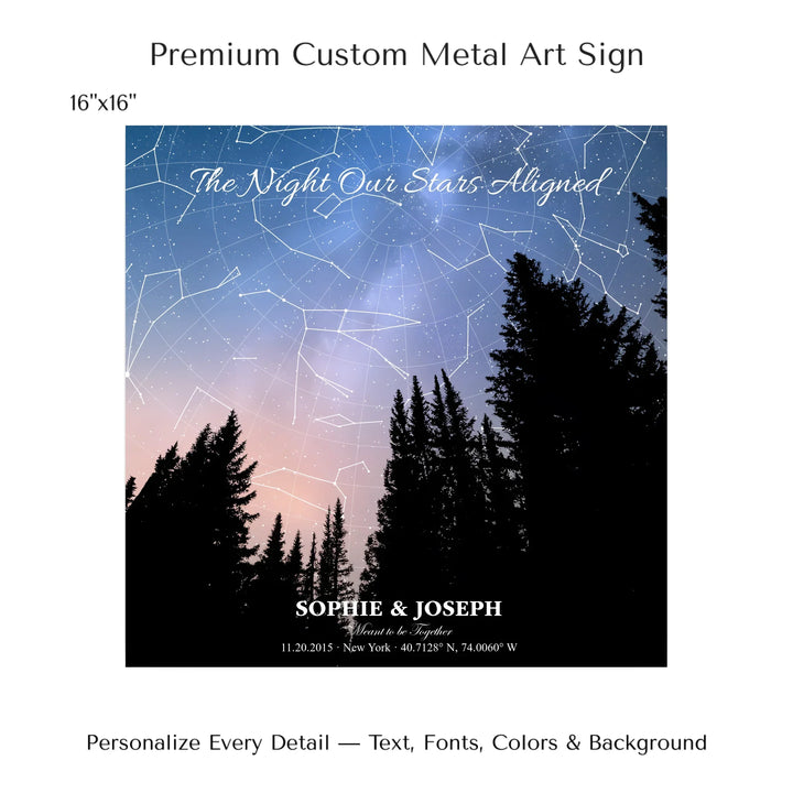 Personalized star map wall art with customizable background, title, names, date, location, and coordinates - 16x16 metal art sign-ARTFULANE