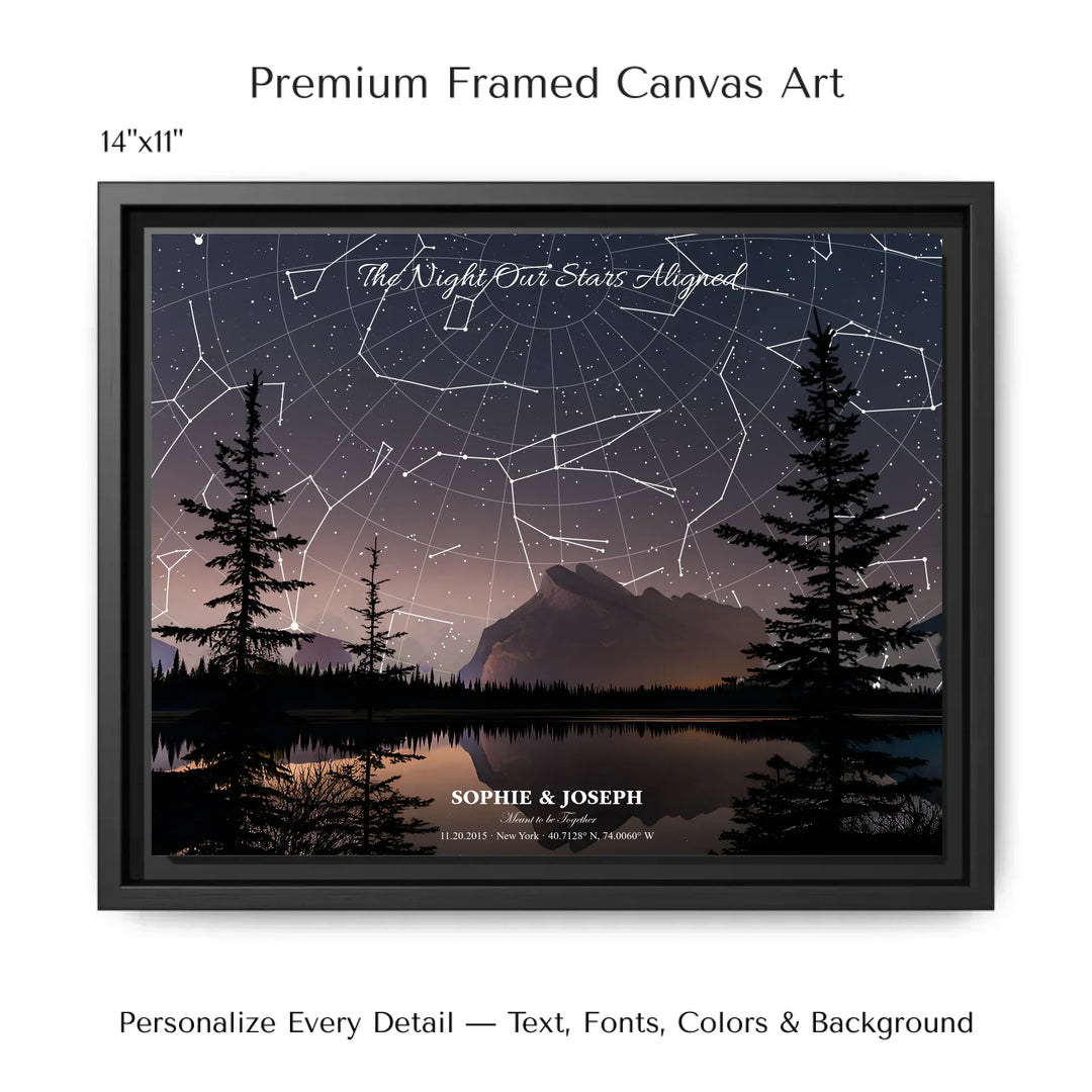 Personalized star map wall art with customizable background, title, names, date, location, and coordinates - 14x11 framed canvas-ARTFULANE