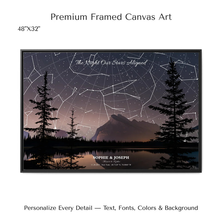 Personalized star map wall art with customizable background, title, names, date, location, and coordinates - 48x32 framed canvas-ARTFULANE