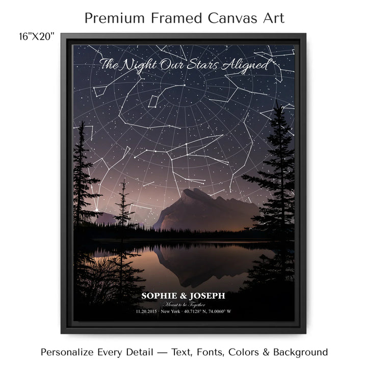 Personalized star map wall art with customizable background, title, names, date, location, and coordinates - 16x20 framed canvas-ARTFULANE