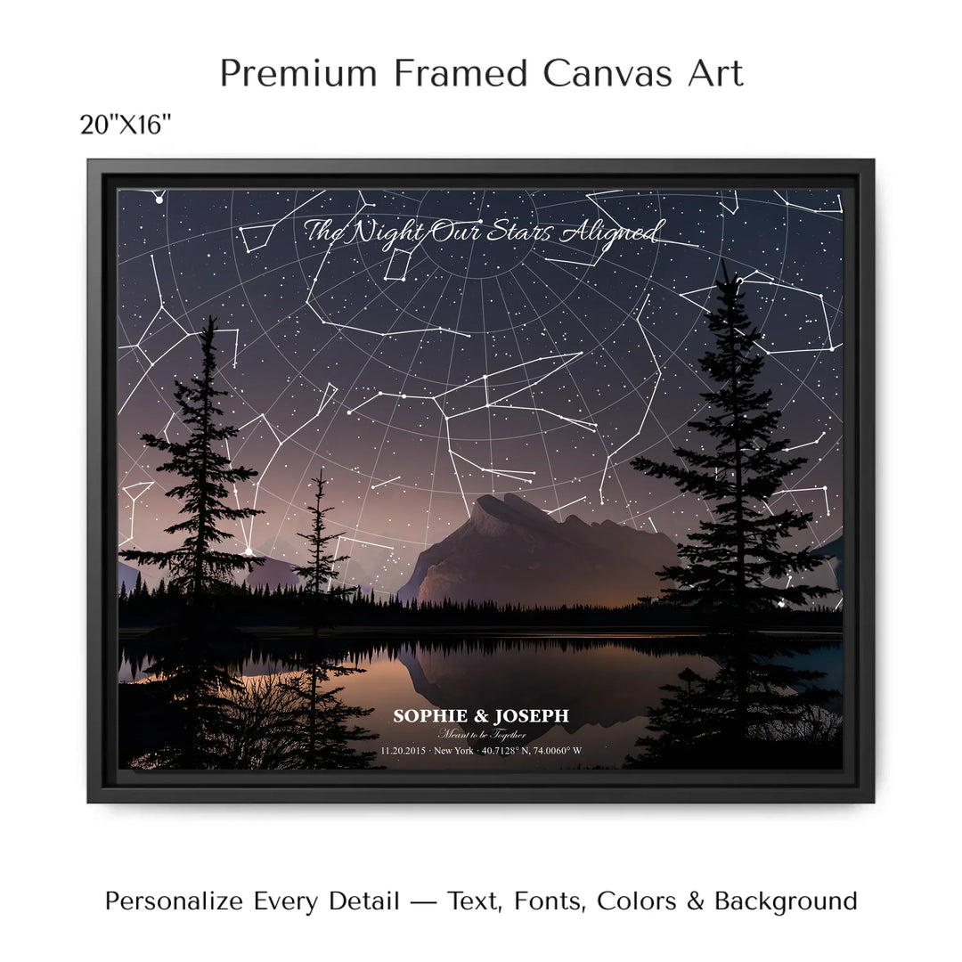 Personalized star map wall art with customizable background, title, names, date, location, and coordinates - 20x16 framed canvas-ARTFULANE