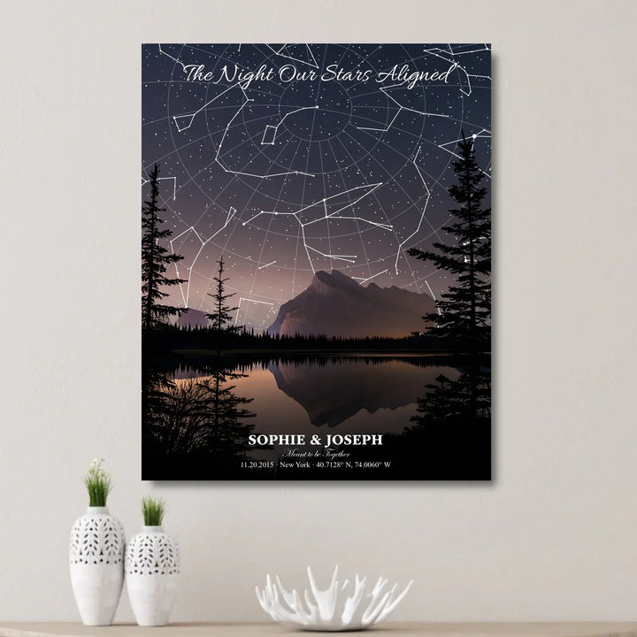 Personalized star map wall art with customizable background, title, names, date, location, and coordinates - unframed canvas on wall-ARTFULANE