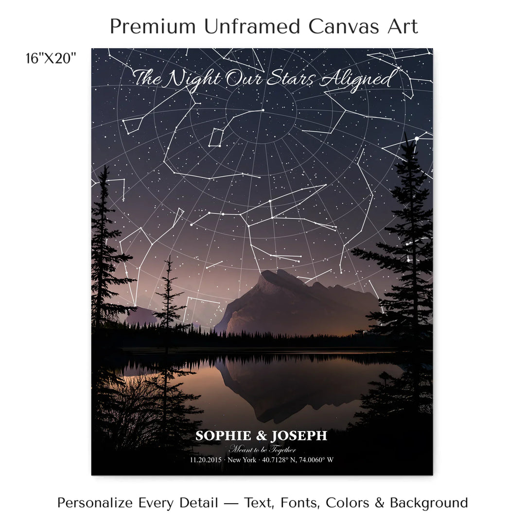 Personalized star map wall art with customizable background, title, names, date, location, and coordinates - 16x20 stretched canvas-ARTFULANE
