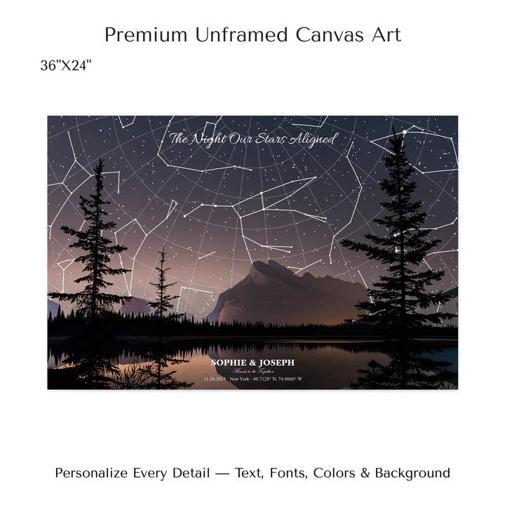 Personalized star map wall art with customizable background, title, names, date, location, and coordinates - 36x24 stretched canvas-ARTFULANE