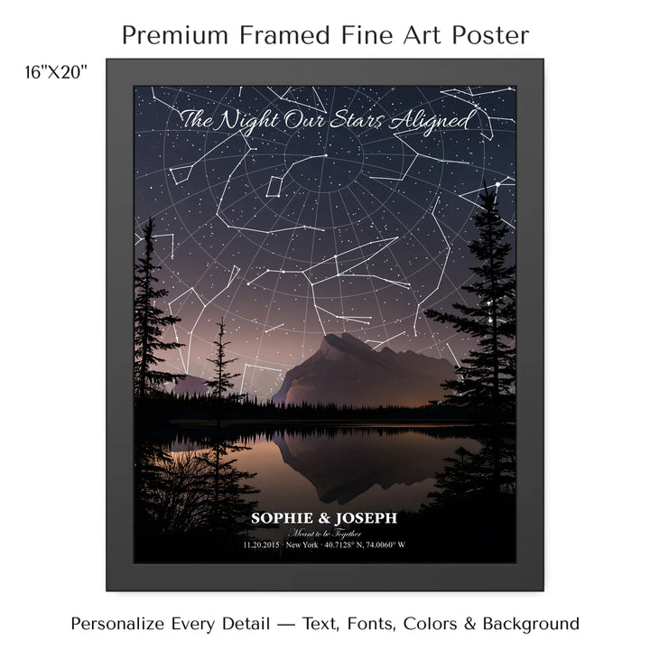 Personalized star map wall art with customizable background, title, names, date, location, and coordinates - 16x20 framed poster-ARTFULANE