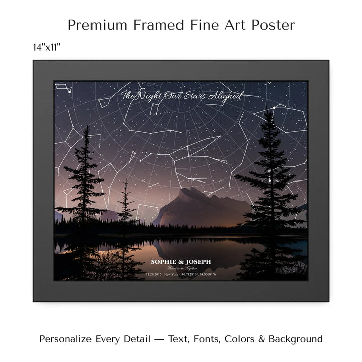 Personalized star map wall art with customizable background, title, names, date, location, and coordinates - 14x11 framed poster-ARTFULANE