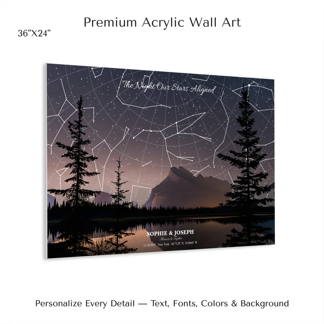 Personalized star map wall art with customizable background, title, names, date, location, and coordinates - 36x24 acrylic print with french cleat-ARTFULANE