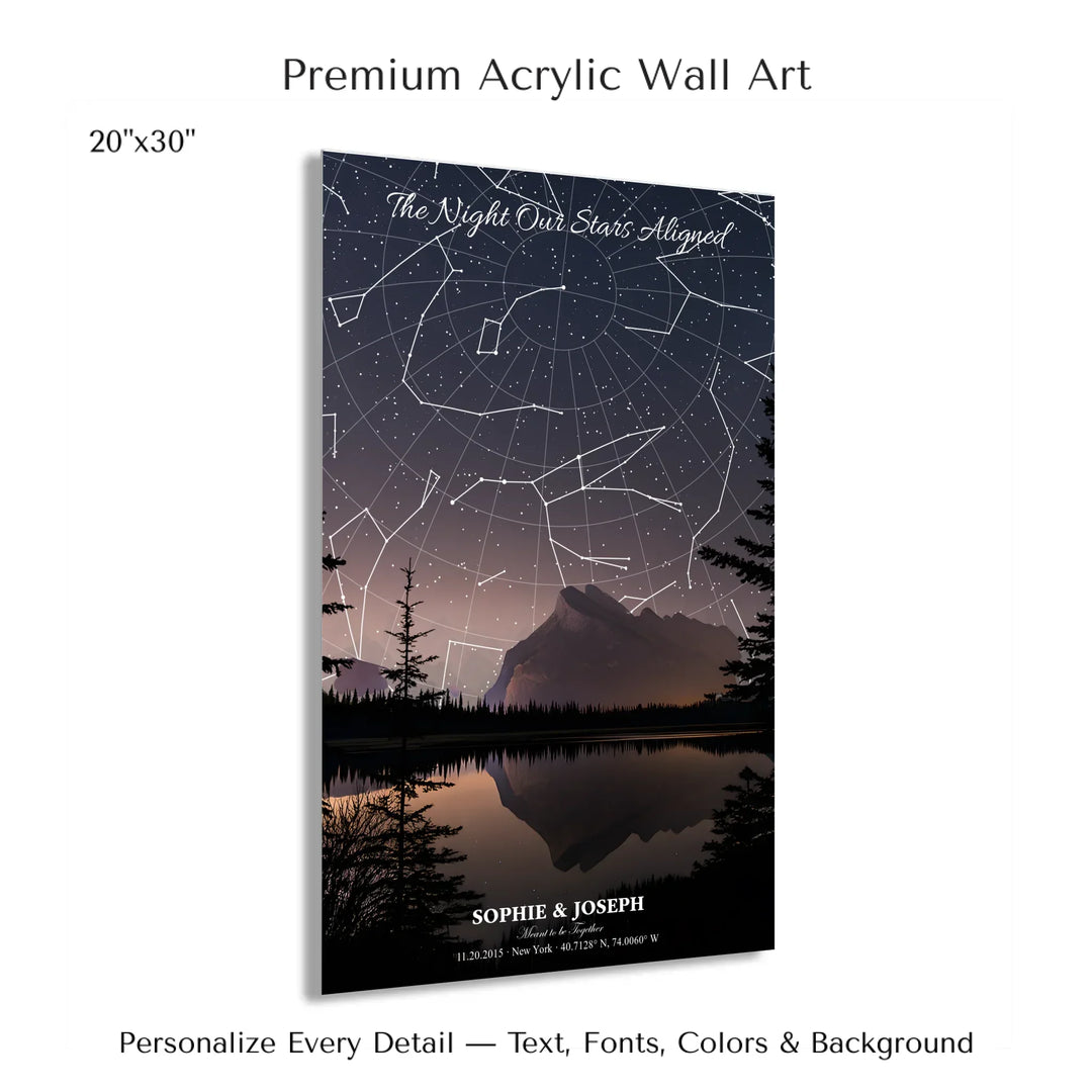 Personalized star map wall art with customizable background, title, names, date, location, and coordinates - 20x30 acrylic print with french cleat-ARTFULANE