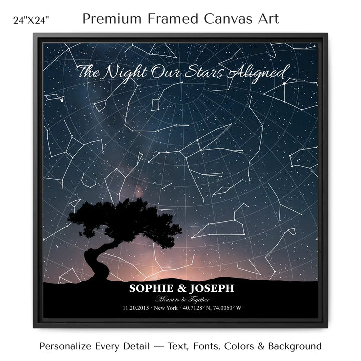 Personalized star map wall art with customizable background, title, names, date, location, and coordinates - 24x24 framed canvas-ARTFULANE