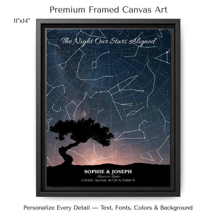 Personalized star map wall art with customizable background, title, names, date, location, and coordinates - 11x14 framed canvas-ARTFULANE